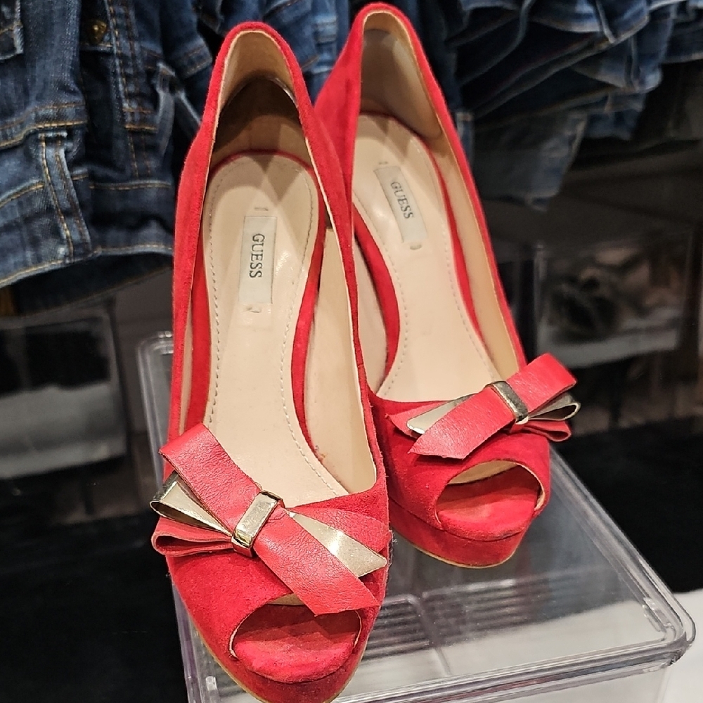 Guess Red Peep-Toe Heels with Bow Detail
